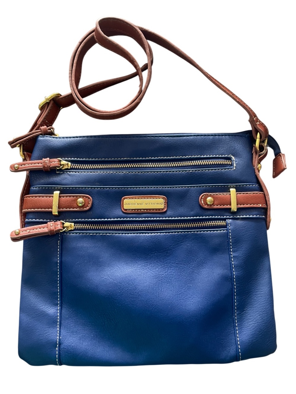 Adrienne Vittadini Navy Crossbody Bag with Tan Trim - Classic Everyday Handbag